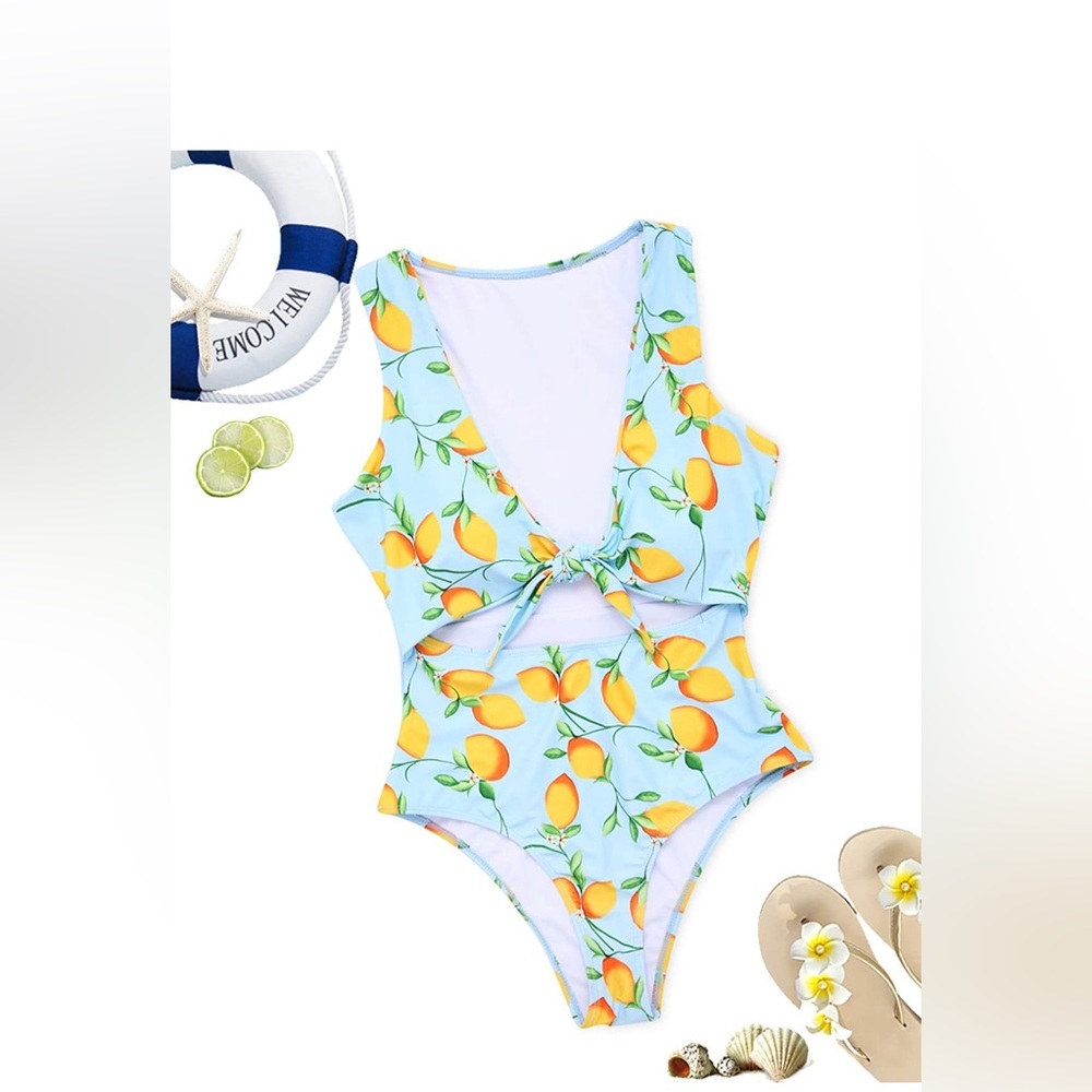 Capri inspired blue and Lemon swimsuit bathing suit front tie